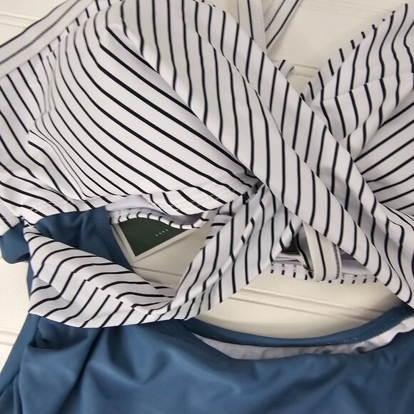 Women's Blue Striped Wrap Top Cut Out High Waist One Piece Swimsuit Size XL NWT - Picture 4 of 13